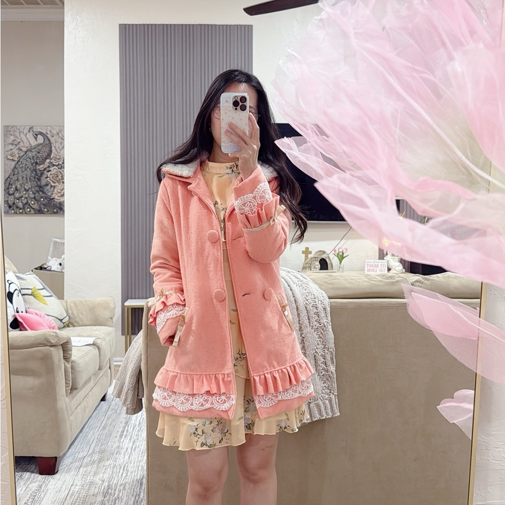 Pink Ruffled Coat with Lace Trim